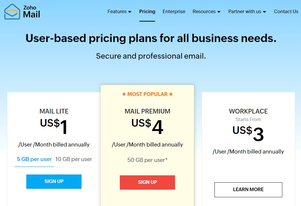 Zoho mail pricing